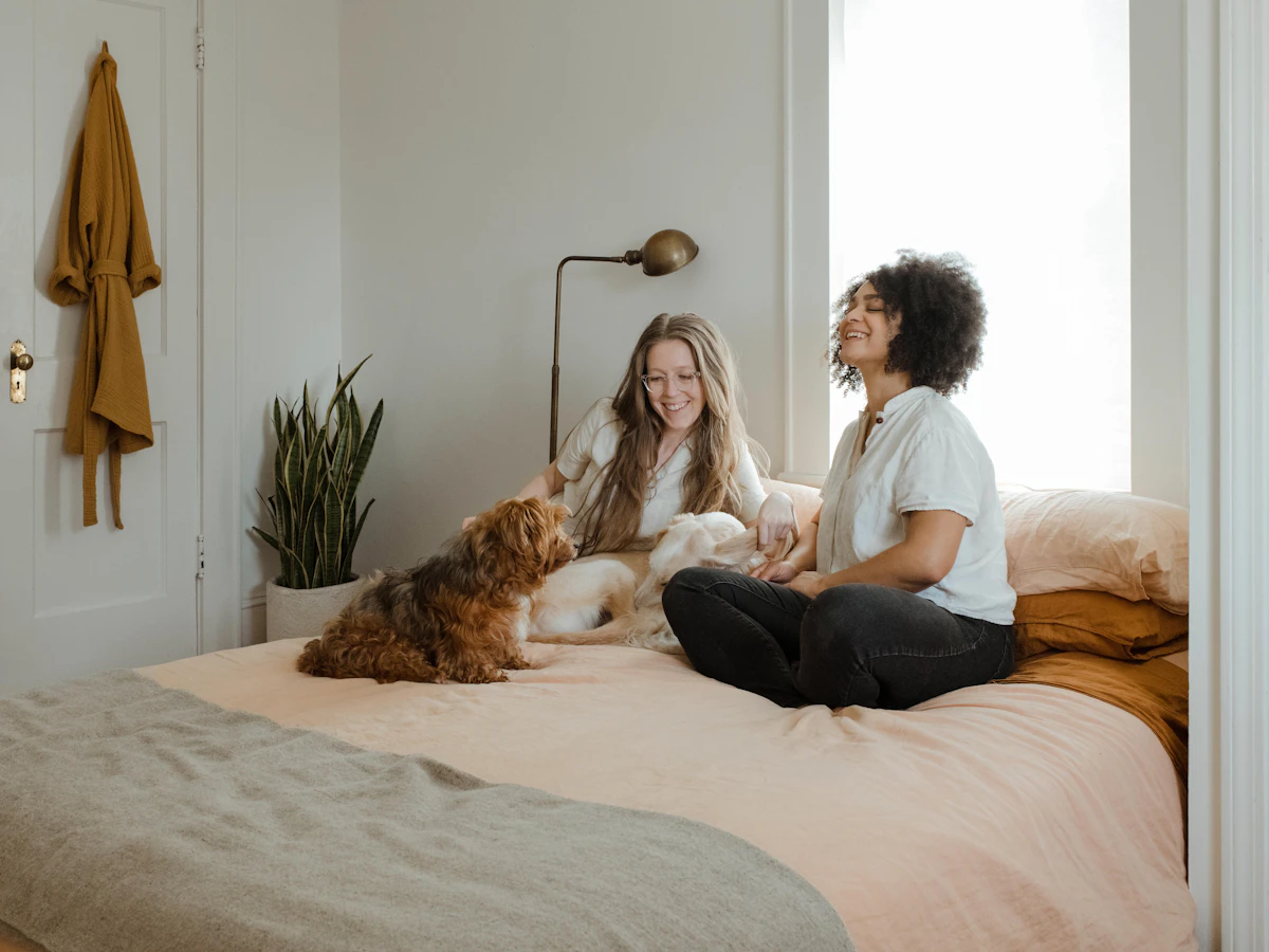 Pareja acariciando a su perro sobre la cama, en casa